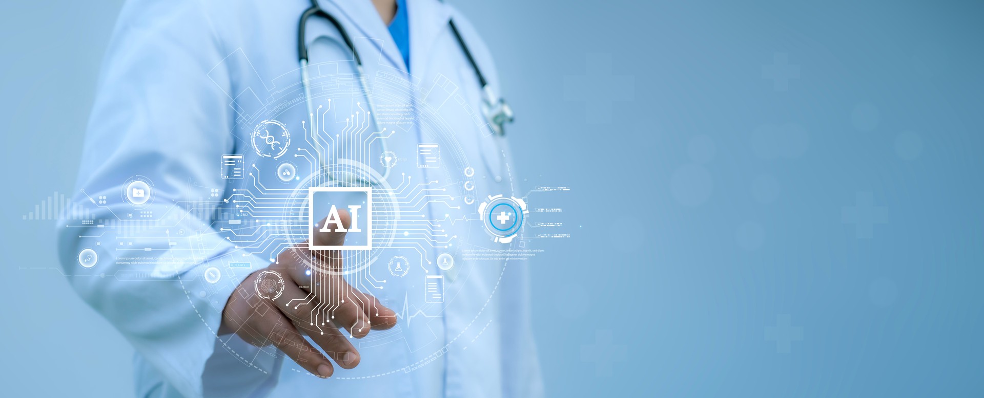 Medical worker touch virtual medical revolution and advance of technology Artificial Intelligence,AI Deep Learning for medical research,Transformation of innovation and technology for future Health